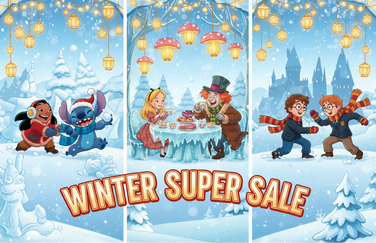 give me a banner with a winter and snowy vibes with some cozy light include the cartoon characters lilo and stitch and alice in wonderland and harry potter ... etc but in cartoon theme not a real worl photo do not forgot to add the text ' winter super sale'